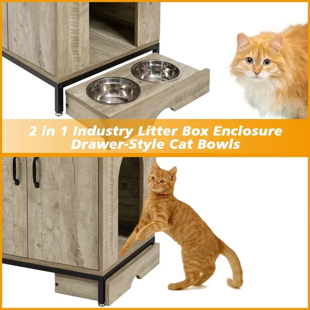 Hidden Cat Litter Box Furniture with Elevated Cat Bowls, Shelves and Doors, Wood Pet Crate Storage Cabinet Indoor Cat House