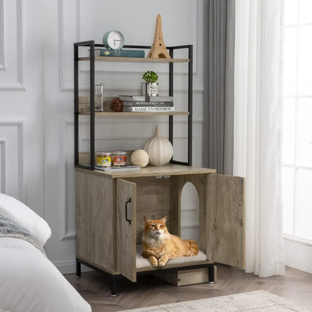 Hidden Cat Litter Box Furniture with Elevated Cat Bowls, Shelves and Doors, Wood Pet Crate Storage Cabinet Indoor Cat House