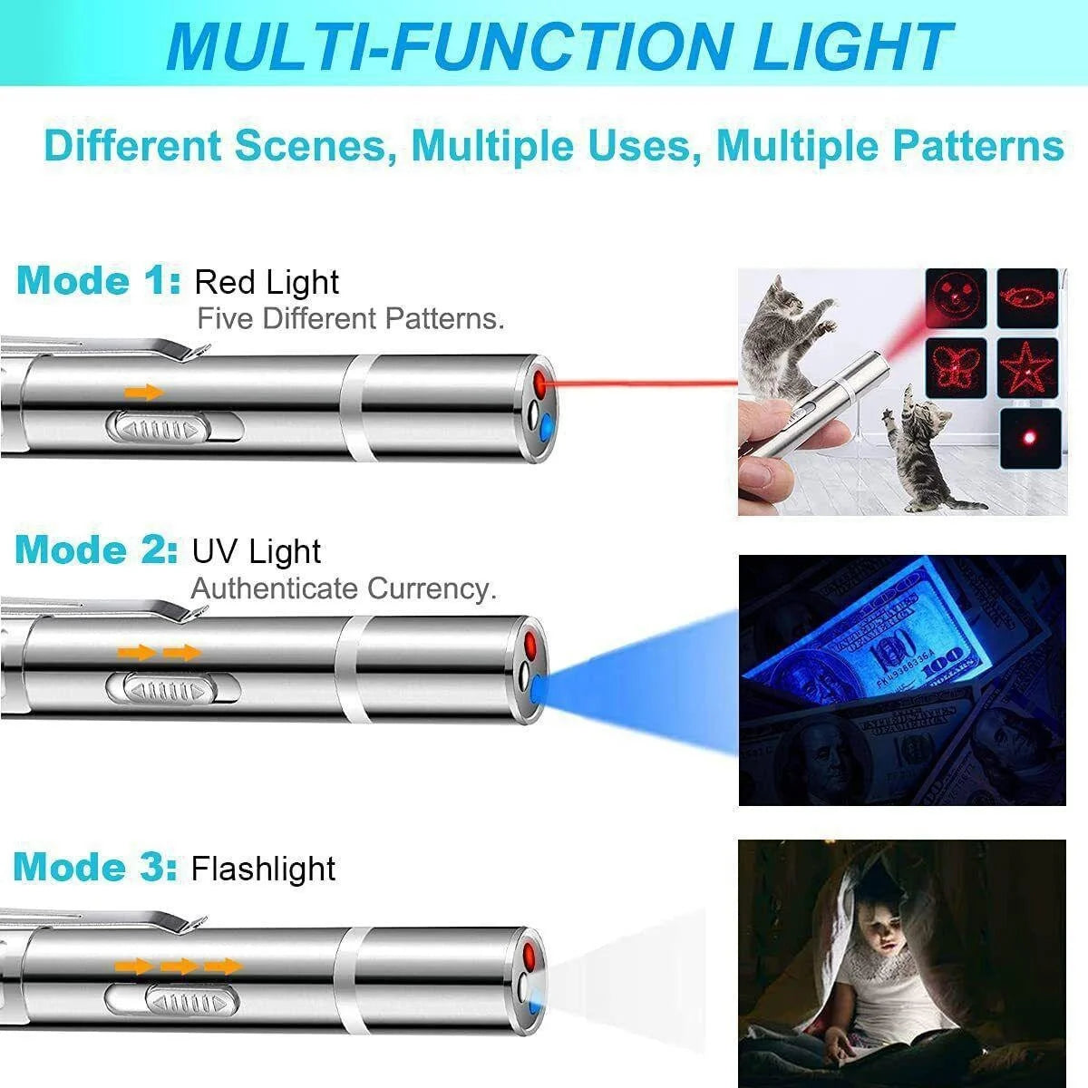 Cat Laser Toy 3 Mode Multiple Pattern Lazer Projection Pen Red Dot LED Light Pointer Interactive Cat Toys for Indoor Tease