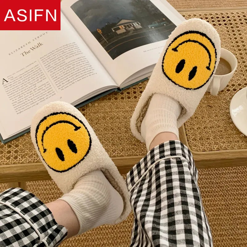 ASIFN Warm Winter House Fur Slippers for Girl Women Cute Smile Pattern
