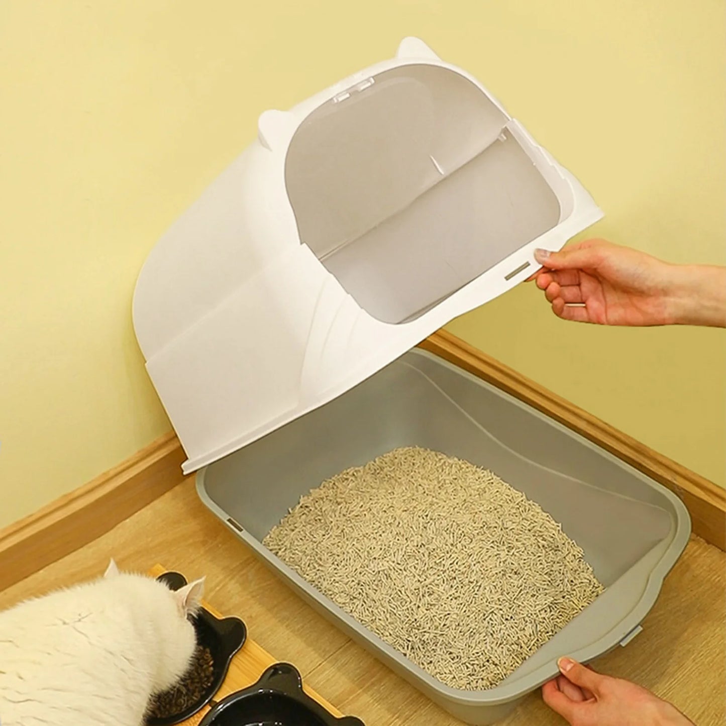Hooded Cat Litter Box with Scoop Container Durable Kitty Litter Tray with Front Door Pan Bedpan Fully Enclosed Cat Toilet